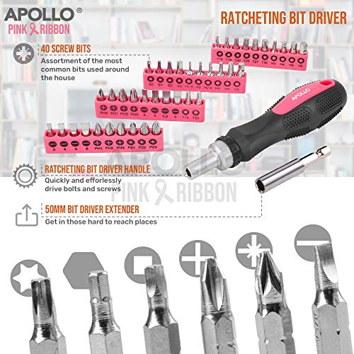 Apollo Kit Maletín de Herramientas Esenciales Color Rosa para Bricolaje y Reparaciones con Mago de Destornillador de Trinchete y Juego de Puntas, PINK RIBBON FOUNDATION, 71 en Uno