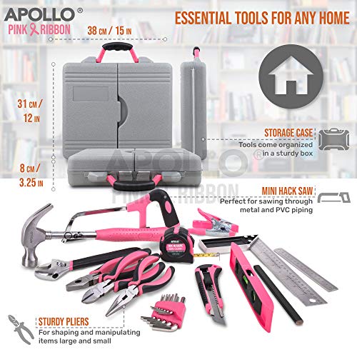 Apollo Kit Maletín de Herramientas Esenciales Color Rosa para Bricolaje y Reparaciones con Mago de Destornillador de Trinchete y Juego de Puntas, PINK RIBBON FOUNDATION, 71 en Uno