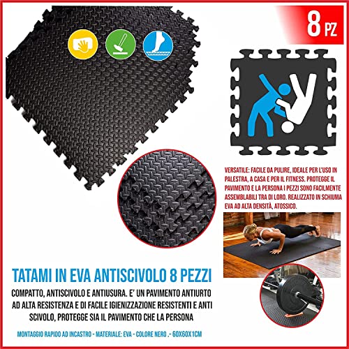 " APP LIFE Tatami - Juego de 8 Alfombrillas de Fitness para Gimnasio, 60 x 60 x 1 cm, Superficie de protección para Suelos, Alfombrilla para Gimnasio, Workout Gimnasia, Color Negro