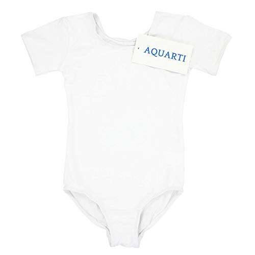 Aquarti Maillot de Gimnasia con Manga Corta para Niñas, Blanco, 140