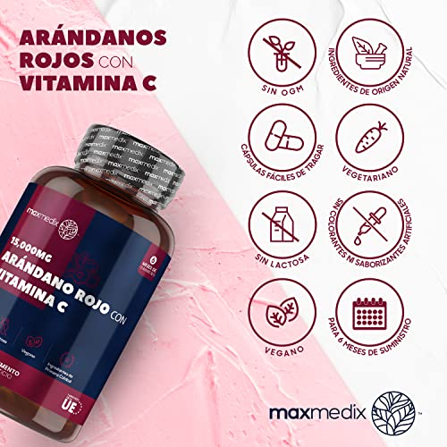 Arándano Rojo Cápsulas 15.000 mg 180 Cápsulas- Suplemento Natural con Vitamina C del Ácido Ascórbico, Extracto de Arándano Rojo Concentrado 50:1 de Alta Absorción, Suministro Para 6 Meses