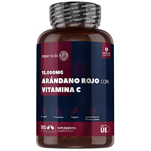 Arándano Rojo Cápsulas 15.000 mg 180 Cápsulas- Suplemento Natural con Vitamina C del Ácido Ascórbico, Extracto de Arándano Rojo Concentrado 50:1 de Alta Absorción, Suministro Para 6 Meses