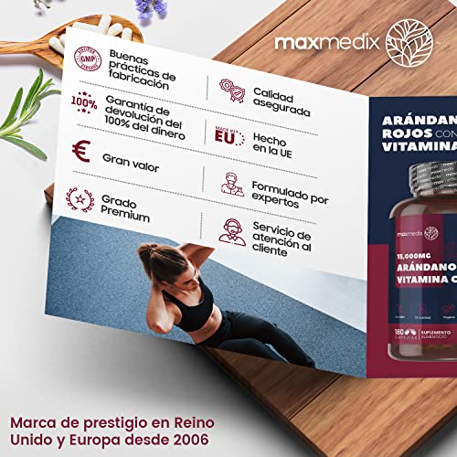 Arándano Rojo Cápsulas 15.000 mg 180 Cápsulas- Suplemento Natural con Vitamina C del Ácido Ascórbico, Extracto de Arándano Rojo Concentrado 50:1 de Alta Absorción, Suministro Para 6 Meses