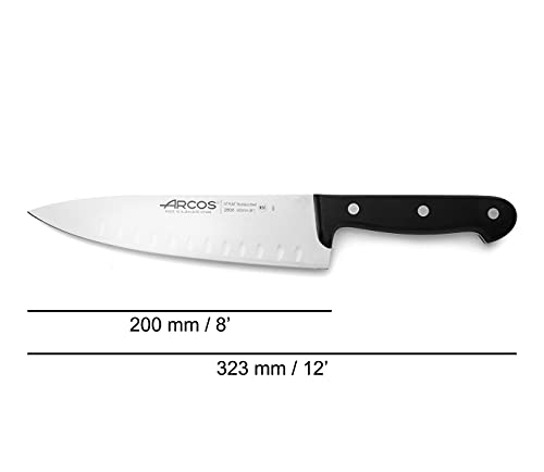 Arcos Serie Universal, Cuchillo Cocinero, Hoja de Acero Inoxidable Nitrum 200 mm con alveolos, Mango de Polioximetileno, POM Color Negro