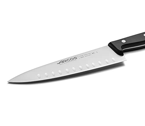 Arcos Serie Universal, Cuchillo Cocinero, Hoja de Acero Inoxidable Nitrum 200 mm con alveolos, Mango de Polioximetileno, POM Color Negro