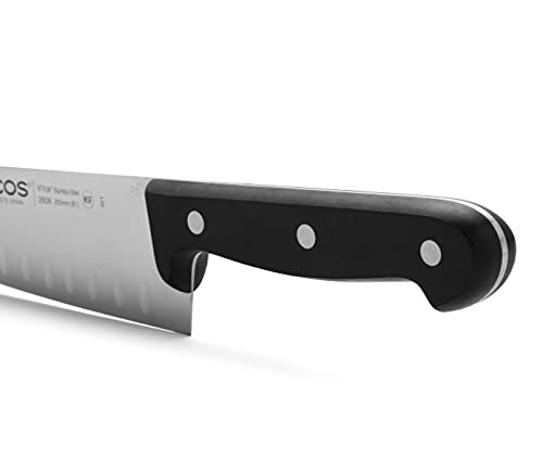 Arcos Serie Universal, Cuchillo Cocinero, Hoja de Acero Inoxidable Nitrum 200 mm con alveolos, Mango de Polioximetileno, POM Color Negro