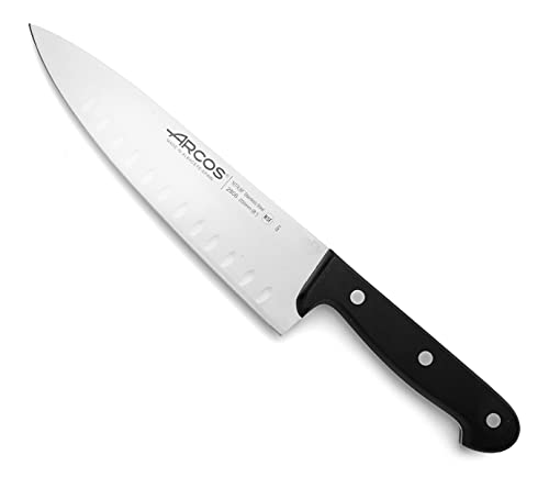 Arcos Serie Universal, Cuchillo Cocinero, Hoja de Acero Inoxidable Nitrum 200 mm con alveolos, Mango de Polioximetileno, POM Color Negro