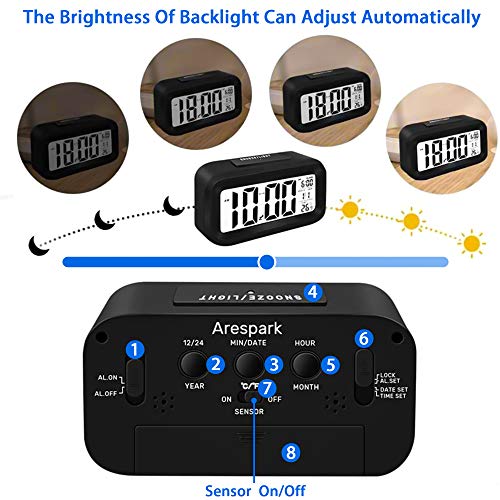 Arespark Reloj Despertador Digital, Despertador Digital con Luz de Noche, Pantalla LCD de 5.3 Pulgadas con Hora Fecha Temperatura, Función Snooze (Goma)