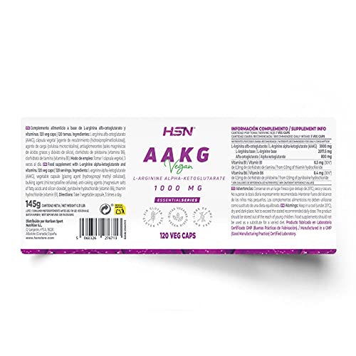 Arginina AAKG en Cápsulas de HSN | 120 Veg Caps por Envase | 3000 mg de L-Arginina Alfa-Cetoglutarato por Dosis Diaria | Con Vitamina B1 y B6 | No-GMO, Vegano, Sin Gluten