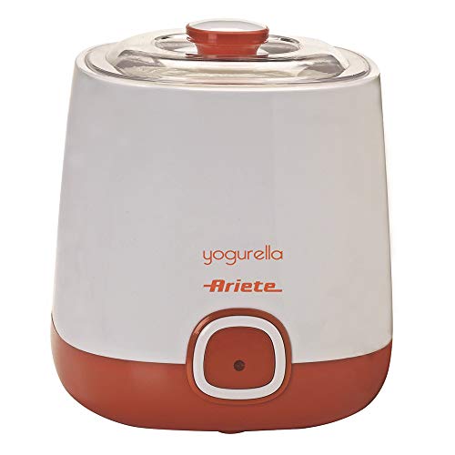 Ariete 621 Yogurtera, Capacidad 1 litro, 20 W, 12 Horas preparación, Tapa Doble, diseño Compacto Apto lavavajillas, Plástico, Blanco/Naranja