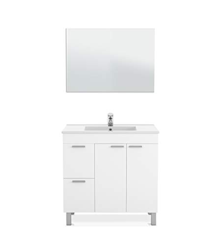 ARKITMOBEL Mueble de Baño con 2 Puertas 2 Cajones y Espejo, Modulo Baño, Modelo Aktiva, Acabado en Blanco Brillo, Medidas: 80 cm (Ancho) x 80 cm (Alto) x 45 cm (Fondo)