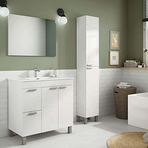 ARKITMOBEL Mueble de Baño con 2 Puertas 2 Cajones y Espejo, Modulo Baño, Modelo Aktiva, Acabado en Blanco Brillo, Medidas: 80 cm (Ancho) x 80 cm (Alto) x 45 cm (Fondo)