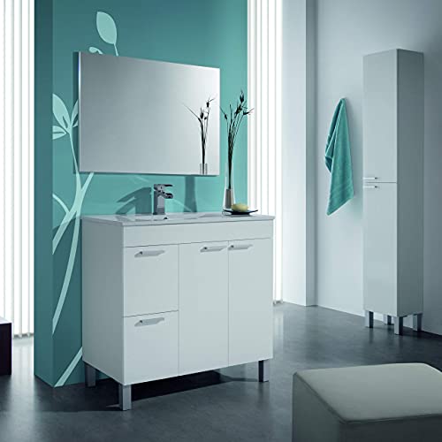 ARKITMOBEL Mueble de Baño con 2 Puertas 2 Cajones y Espejo, Modulo Baño, Modelo Aktiva, Acabado en Blanco Brillo, Medidas: 80 cm (Ancho) x 80 cm (Alto) x 45 cm (Fondo)