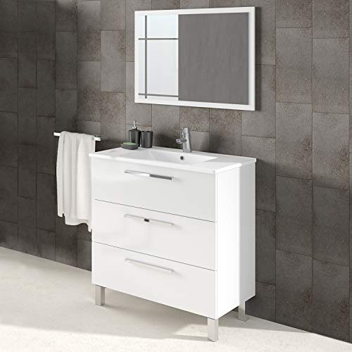 ARKITMOBEL Mueble de Baño con 3 Cajones y Espejo, Modulo Lavabo, Modelo Athena, Acabado en Blanco Brillo, Medidas: 80 cm (Ancho) x 86 cm (Alto) x 45 cm (Fondo)