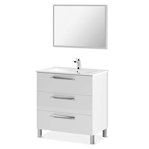 ARKITMOBEL Mueble de Baño con 3 Cajones y Espejo, Modulo Lavabo, Modelo Athena, Acabado en Blanco Brillo, Medidas: 80 cm (Ancho) x 86 cm (Alto) x 45 cm (Fondo)