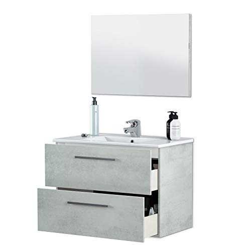 ARKITMOBEL Mueble de Baño con Dos Cajones y Espejo, Modulo Lavabo, Modelo Aruba, Acabado en Gris Cemento, Medidas: 80 cm (Ancho) x 57 cm (Alto) x 45 cm (Fondo)