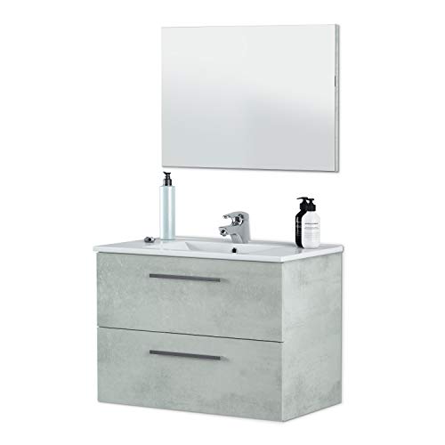 ARKITMOBEL Mueble de Baño con Dos Cajones y Espejo, Modulo Lavabo, Modelo Aruba, Acabado en Gris Cemento, Medidas: 80 cm (Ancho) x 57 cm (Alto) x 45 cm (Fondo)