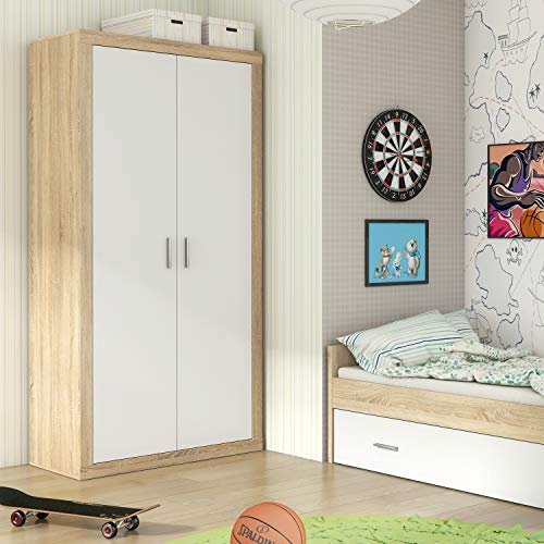 Armario Dos Puertas Dormitorio habitación, Acabado en Color Blanco y Cambria, Modelo Lara, Medidas: 105 cm (Largo) x 208 cm (Alto) x 50 cm (Fondo)