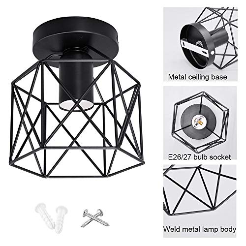 Artpad Vintage Loft Jaula de hierro negro Lámpara de techo LED 5W Luz de metal nórdico con luz blanca para cocina Dormitorio Balcón Barra de pasillo E27 Luminaria de techo geométrica