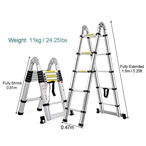 Asan Escalera Alta telescópica Plegable, Marco A - Escalera de extensión telescópica de Aluminio con Barra estabilizadora, Extensible con Mecanismo de Bloqueo de Carga de Resorte (tamaño: 5.25ft