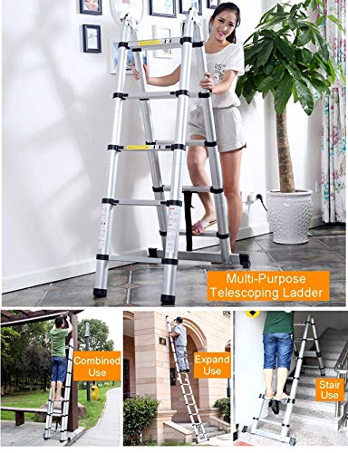 Asan Escalera Alta telescópica Plegable, Marco A - Escalera de extensión telescópica de Aluminio con Barra estabilizadora, Extensible con Mecanismo de Bloqueo de Carga de Resorte (tamaño: 5.25ft