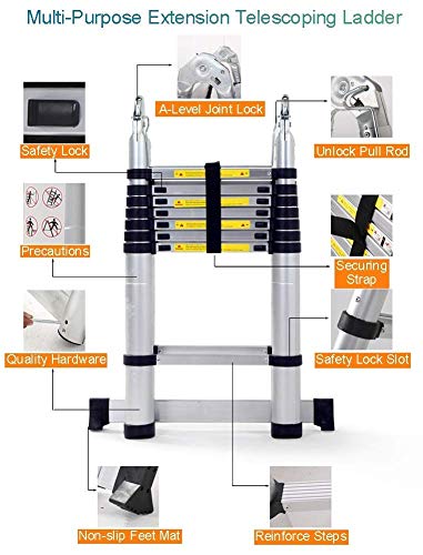 Asan Escalera Alta telescópica Plegable, Marco A - Escalera de extensión telescópica de Aluminio con Barra estabilizadora, Extensible con Mecanismo de Bloqueo de Carga de Resorte (tamaño: 5.25ft