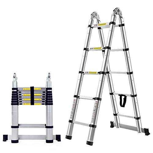 Asan Escalera Alta telescópica Plegable, Marco A - Escalera de extensión telescópica de Aluminio con Barra estabilizadora, Extensible con Mecanismo de Bloqueo de Carga de Resorte (tamaño: 5.25ft