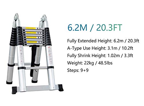 Asan Escalera de extensión telescópica Barra estabilizadora y bisagras, Escalera telescópica Multiusos Tipo A portátil para Oficina en Interiores y Exteriores, Capacidad de Carga de 150 kg / 330
