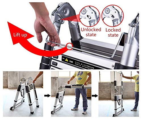 Asan Escalera de extensión telescópica Barra estabilizadora y bisagras, Escalera telescópica Multiusos Tipo A portátil para Oficina en Interiores y Exteriores, Capacidad de Carga de 150 kg / 330