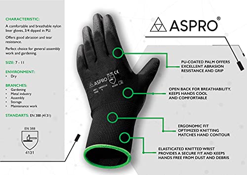 ASPRO 30 Pares de Guantes de Trabajo y Jardinería-Guantes de nylon negro con recubrimiento de poliuretano (PU) para obra, jardinería, mecánica, construcción, almacenes etc. Talla M (8)