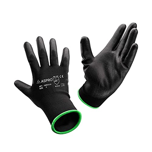 ASPRO 30 Pares de Guantes de Trabajo y Jardinería-Guantes de nylon negro con recubrimiento de poliuretano (PU) para obra, jardinería, mecánica, construcción, almacenes etc. Talla M (8)