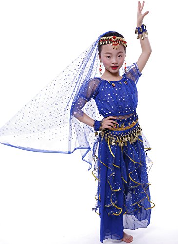 Astage Niña Traje Danza del Vientre Lentejuelas Danza India Halloween Disfraz Azul Real L