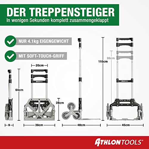 ATHLON TOOLS Carretilla plegable de aluminio, mango extralargo de 110 cm, superficie de carga con almohadillas antideslizantes, modelo 2022