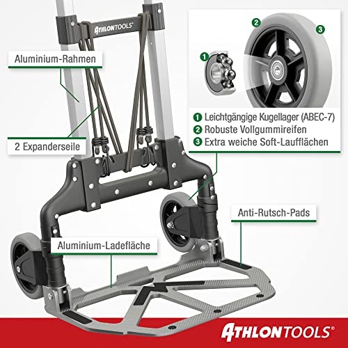 ATHLON TOOLS Carretilla plegable de aluminio | zona de carga con almohadillas antideslizantes | ruedas con bandas de rodadura suaves | incl. 2 cuerdas extensibles