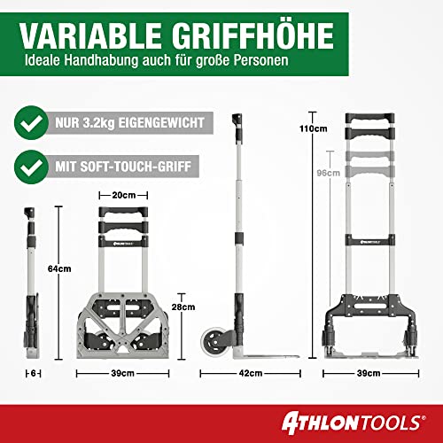 ATHLON TOOLS Carretilla plegable de aluminio | zona de carga con almohadillas antideslizantes | ruedas con bandas de rodadura suaves | incl. 2 cuerdas extensibles