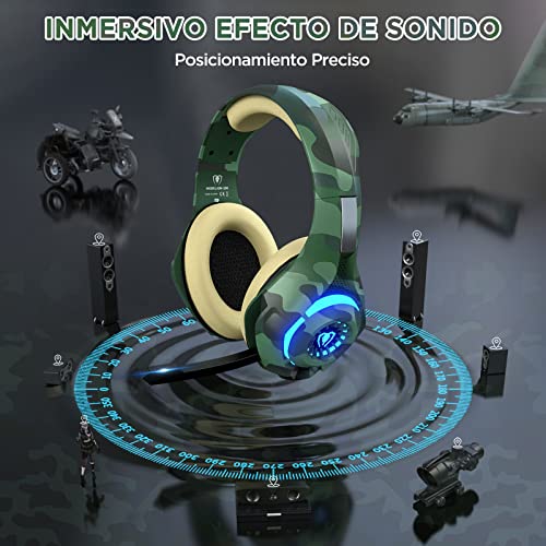 Auriculares Gaming con Micrófono, Cascos Gaming con Nivel de Sonido Envolvente Rico, Orejeras Proteicas y Micrófono Omnidireccional, Color Camuflaje, para PS4 PS5 PC Xbox One Switch