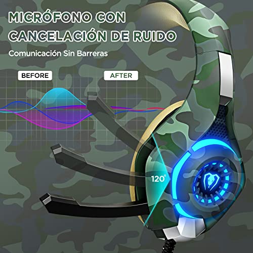 Auriculares Gaming con Micrófono, Cascos Gaming con Nivel de Sonido Envolvente Rico, Orejeras Proteicas y Micrófono Omnidireccional, Color Camuflaje, para PS4 PS5 PC Xbox One Switch