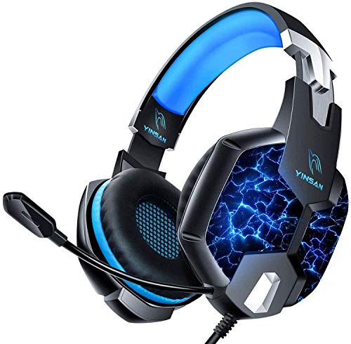 Auriculares Gaming PS4, YINSAN Cascos Gaming Premium Estéreo con Micrófono, 7 Luces LED y Orejeras de Memoria Suave, Gaming Headset con Control de Volumen para PC/Xbox One/Nintendo Switch/Móvil/Mac