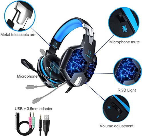 Auriculares Gaming PS4, YINSAN Cascos Gaming Premium Estéreo con Micrófono, 7 Luces LED y Orejeras de Memoria Suave, Gaming Headset con Control de Volumen para PC/Xbox One/Nintendo Switch/Móvil/Mac