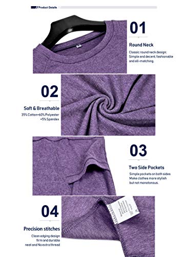 AUSELILY Tops de Manga Larga para Mujer Camisetas Casuales con Cuello Redondo Blusas Bonita Sudadera con Bolsillos Morado S