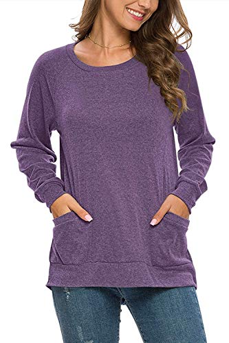 AUSELILY Tops de Manga Larga para Mujer Camisetas Casuales con Cuello Redondo Blusas Bonita Sudadera con Bolsillos Morado S