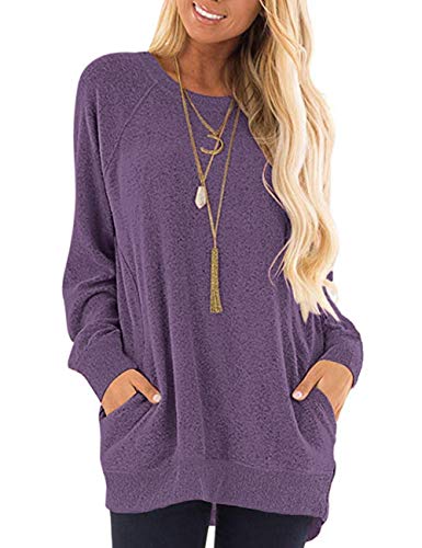 AUSELILY Tops de Manga Larga para Mujer Camisetas Casuales con Cuello Redondo Blusas Bonita Sudadera con Bolsillos Morado S