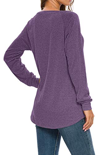 AUSELILY Tops de Manga Larga para Mujer Camisetas Casuales con Cuello Redondo Blusas Bonita Sudadera con Bolsillos Morado S