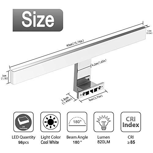 Azhien Lámpara LED de Espejo 10W 820LM 40mm Lámpara de Baño, Blanco Frio 6000K Lámpara LED de Pared IP44 230V Luz de Espejo de Baño de 40cm