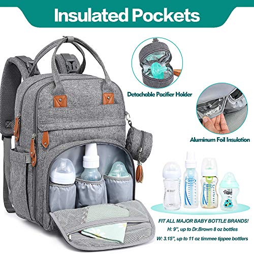 BabbleRoo Mochilas de Pañales para Bebé, Gran Capacidad Mochila de Cambio Bolsa para Pañales con Cambiador y Porta Chupones para Mamá y Papá (gris)