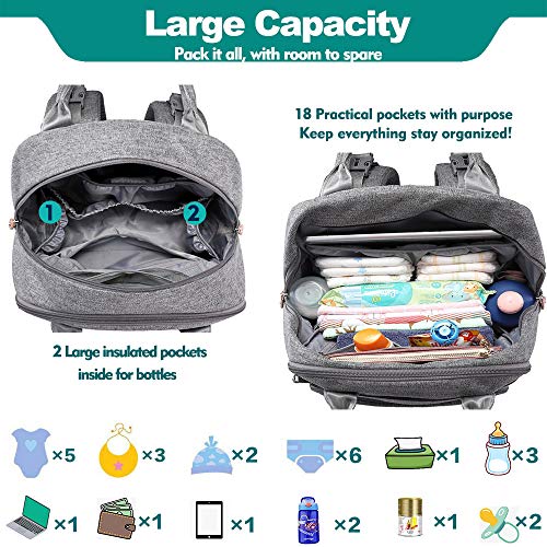 BabbleRoo Mochilas de Pañales para Bebé, Gran Capacidad Mochila de Cambio Bolsa para Pañales con Cambiador y Porta Chupones para Mamá y Papá (gris)