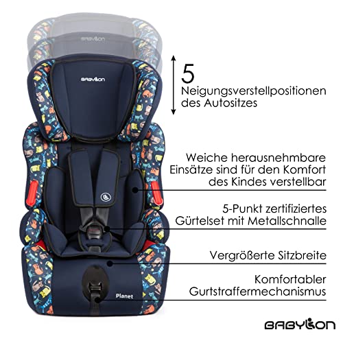 BABYLON Silla Coche Grupo 1 2 3 Planet. Silla coche para Niños 9-36 kg, silla coche bebe (1 a 12 años). Silla bebe coche sin isofix ECE R44 /0 azul/impreso gatitos