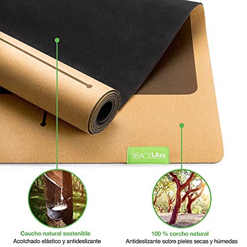 BACKLAxx Esterilla Yoga Corcho antideslizante con Caucho Natural - Colchoneta de Yoga 183x61cm - Yoga Mat, Alfombra Pilates, Esterillas de Yoga