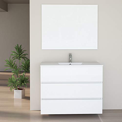 Baikal 830134035 Conjunto de Muebles de Baño con Lavabo y Espejo Luna Lisa, Suspendido a la Pared, Tres Cajones, Melamina 16mm, Acabado en Color Blanco Mate, 90 X 76 X 46 cm