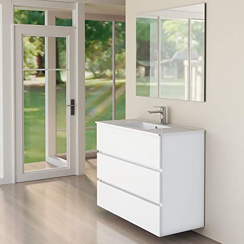 Baikal 830134035 Conjunto de Muebles de Baño con Lavabo y Espejo Luna Lisa, Suspendido a la Pared, Tres Cajones, Melamina 16mm, Acabado en Color Blanco Mate, 90 X 76 X 46 cm